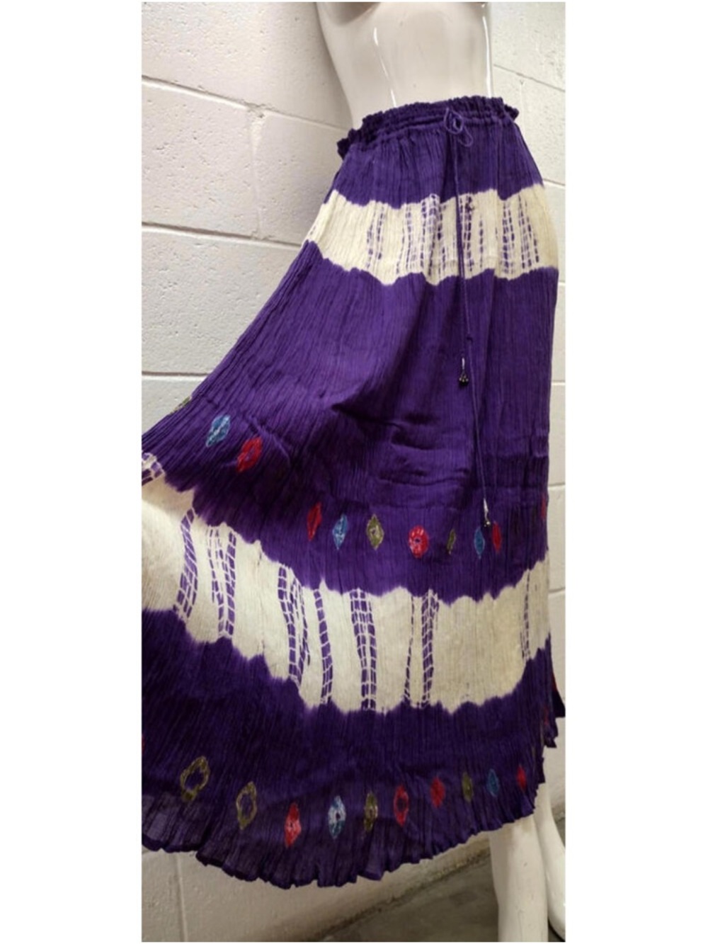 Boho Purple and Cream Tie-Dye Maxi Skirt with Embroidered Accents - Picture 2 of 3
